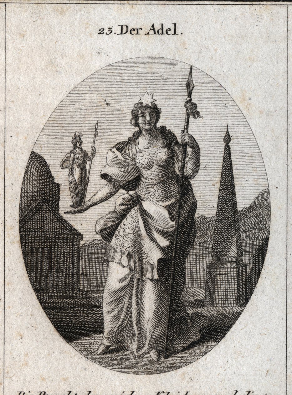 Alegoría de la nobleza. La estrella significa la elevación de los sentimientos. La estatua de Minerva y la lanza marcan que puede adquirir el mérito en ciencia y armas. Grabado en 