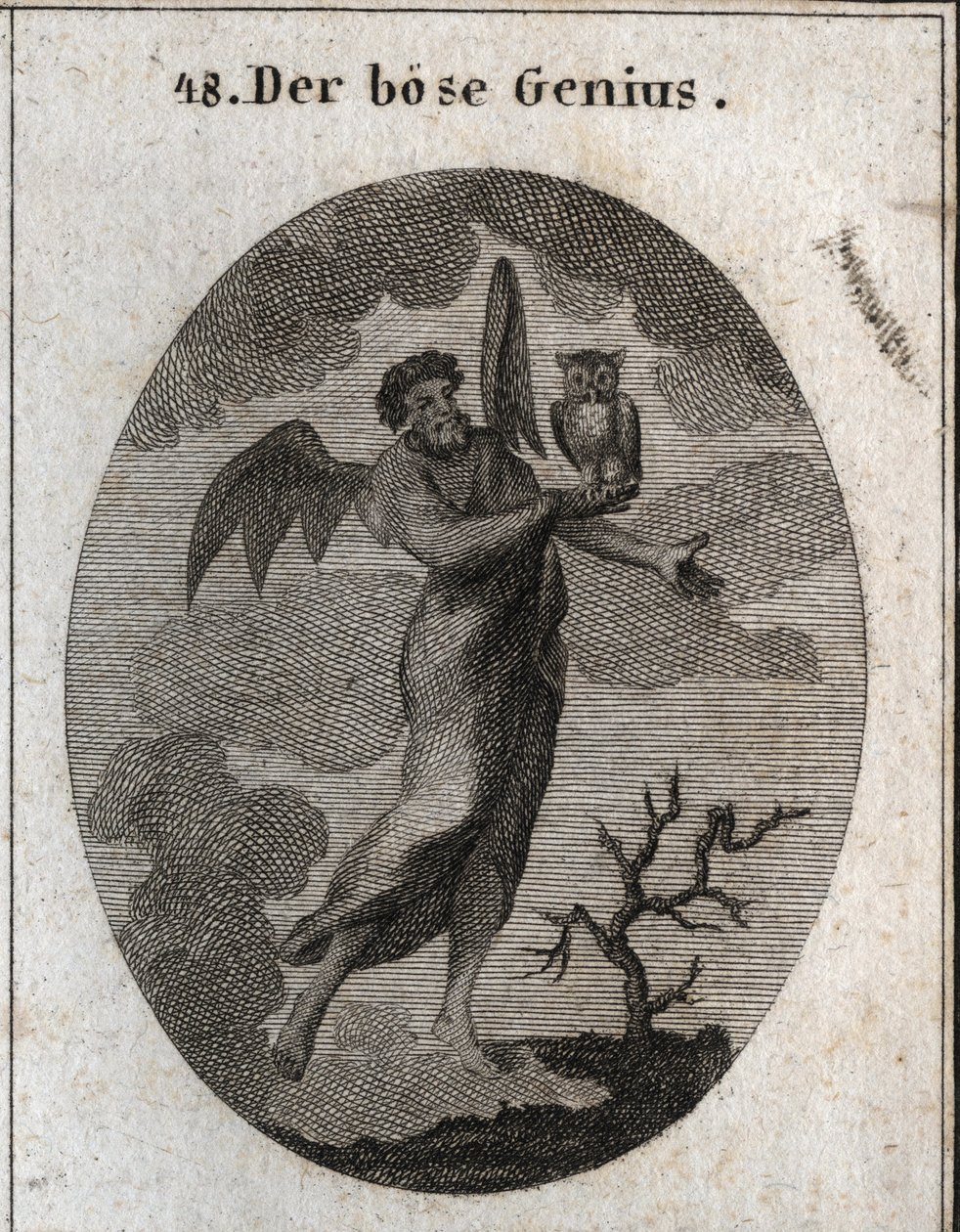 Alegoría del genio opuesto representado por un mal genio con alas de murciélago y sosteniendo un búho, ave de mal augurio. Grabado en "Iconologie oder Ideen aus dem Gebiete der Leidenschaften und Allegorien bildich dargestellt fur Zeichner, Mahler, Dichter de Austrian School