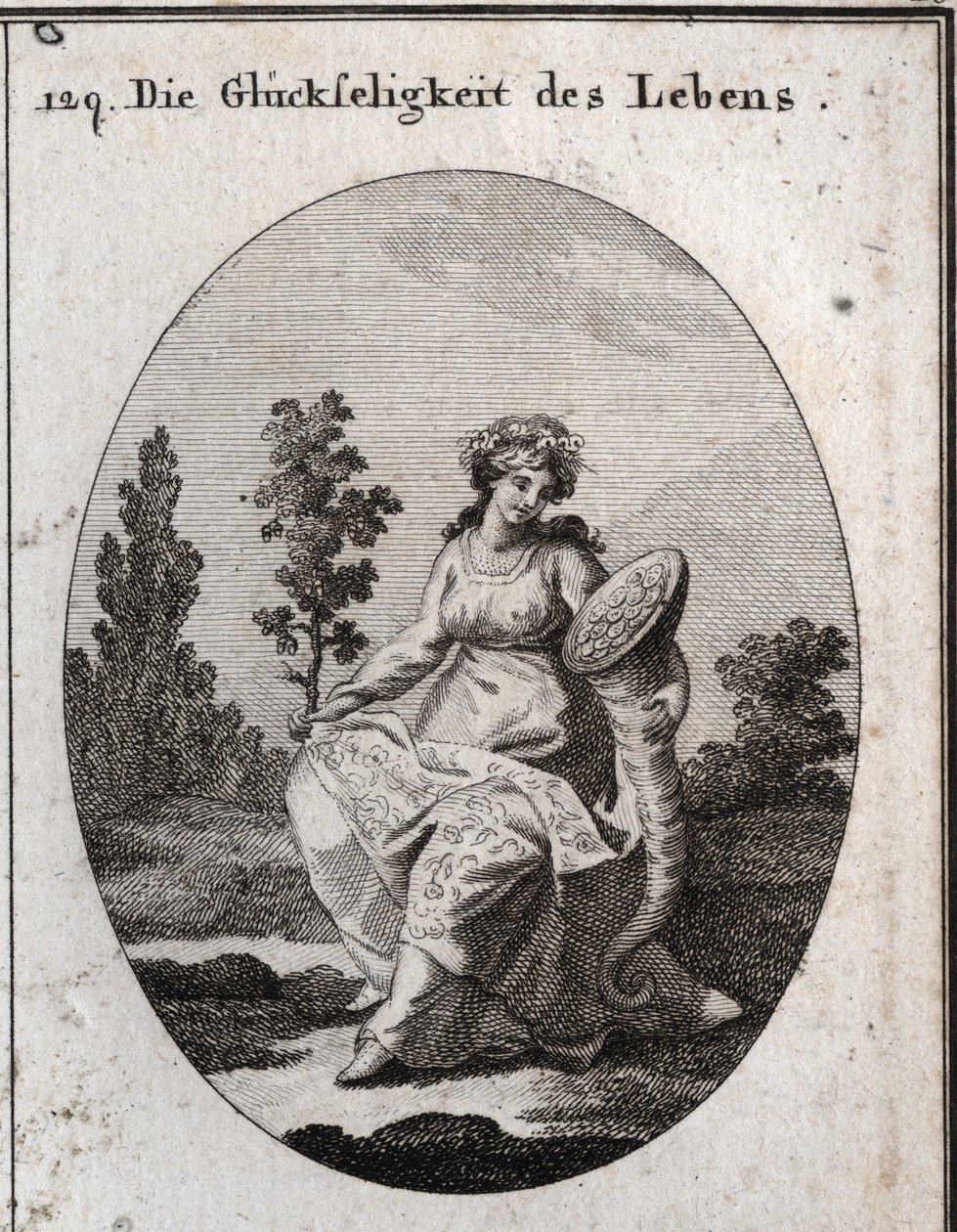 Alegoría de la prosperidad de la vida. ricamente vestida y coronada con uvas y atributos de riqueza y abundancia. La rama de roble llena de hojas y frutos significa salud pero también solidez e incorruptibilidad. Grabado en “Iconologie oder Ideen aus dem G de Austrian School