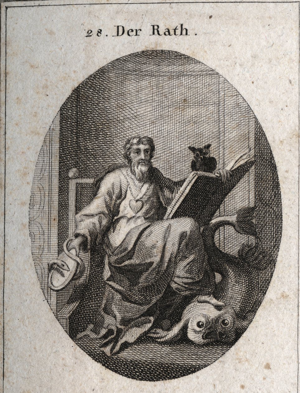 Alegoría del consejo representativo con una cadena de oro y un corazón, emblema de sinceridad. El libro y el búho simbolizan la penetración del conocimiento a través del estudio. El espejo rodeado por la serpiente es el símbolo de la precaución. El delfín  de Austrian School
