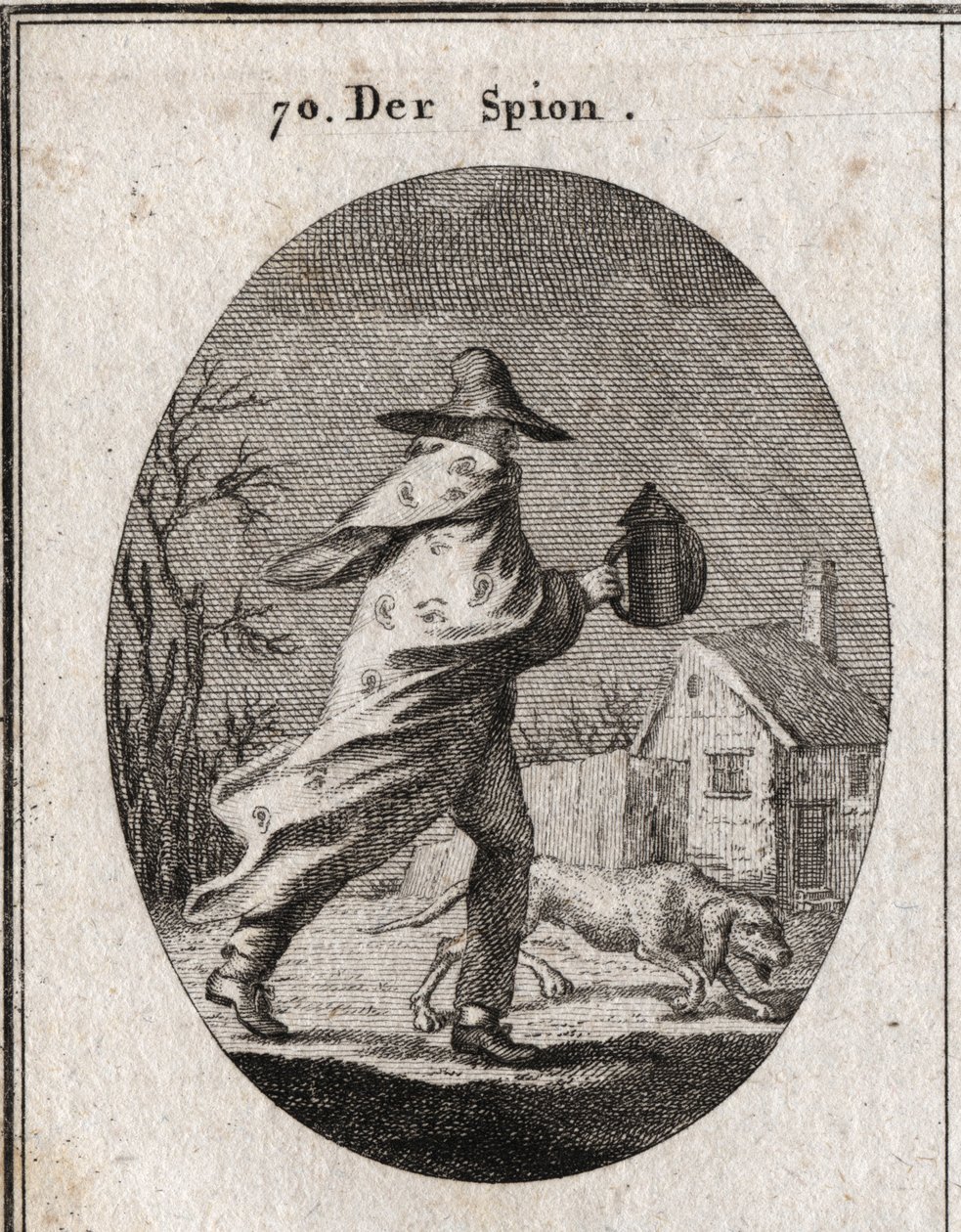 Alegoría del espía. Su abrigo está sembrado de ojos y oídos y sostiene una linterna sorda. Un perro braco huele el terreno. Grabado en "Iconologie oder Ideen aus dem Gebiete der Leidenschaften und Allegorien" de Austrian School