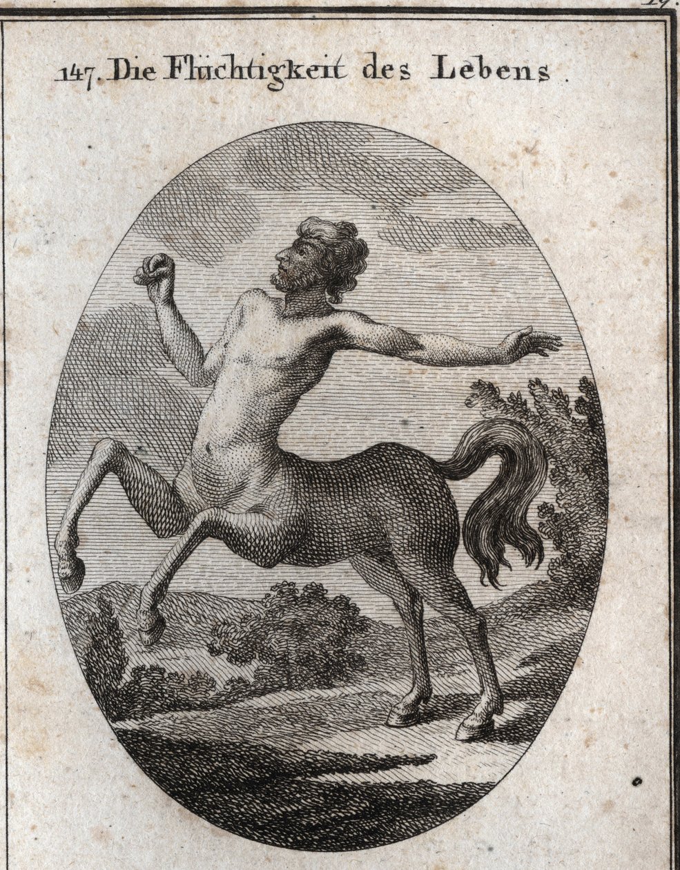 Alegoría de la velocidad de la vida humana representada por un centauro. Grabado en "Iconologie oder Ideen aus dem Gebiete der Leidenschaften und Allegorien bildich dargestellt fur Zeichner, Mahler, Dichter, Gelehrte, Erzieher und freunde Hoherer Geschmack de Austrian School