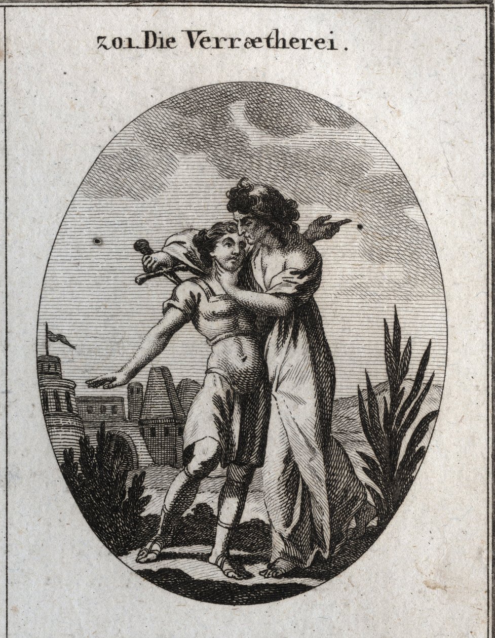 Alegoría de la traición. Una horrible anciana acaricia a un joven apuesto y al mismo tiempo se prepara para apuñalarlo. Grabado en “Iconologie oder Ideen aus dem Gebiete der Leidenschaften und Allegorien bildich dargestellt fur Zeichner, Mahler, Dichter, G de Austrian School