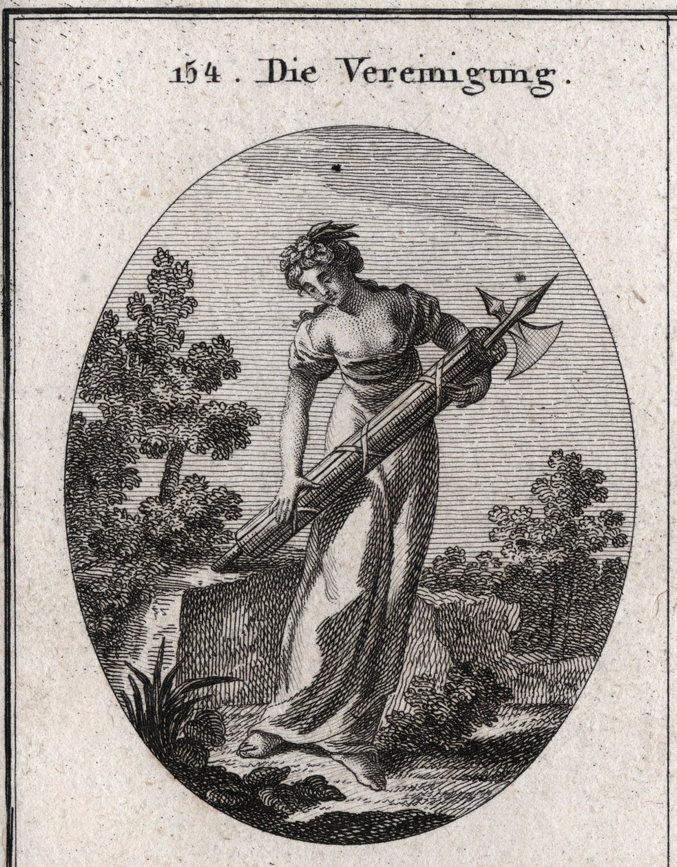 Alegoría de la unión. Coronada con olivo símbolo de paz, y alegría representando la alegría. Fluye sobre un montón de palos fuertemente atados sin doblar la imagen de fuerza y unión. Grabado en "Iconologie oder Ideen aus dem Gebiete der Leidenschaften und  de Austrian School
