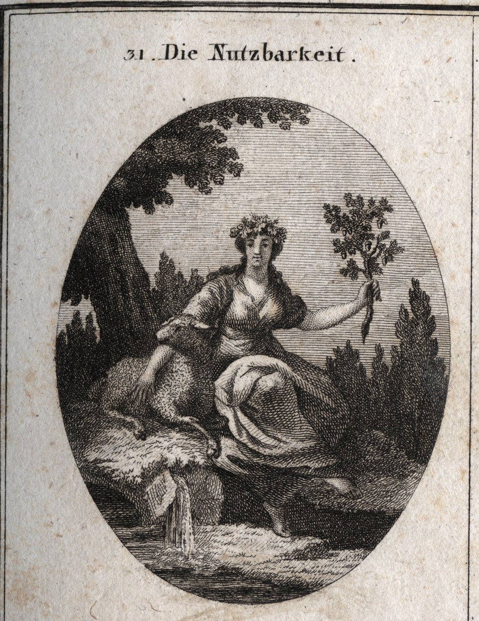 Alegoría de la utilidad. Coronada con uvas y apoyada en una oveja, sostiene una rama de roble llena de frutos y hojas que simbolizan cosas útiles para la vida, al igual que el agua de manantial cerca de la cual se sienta. Grabado en 
