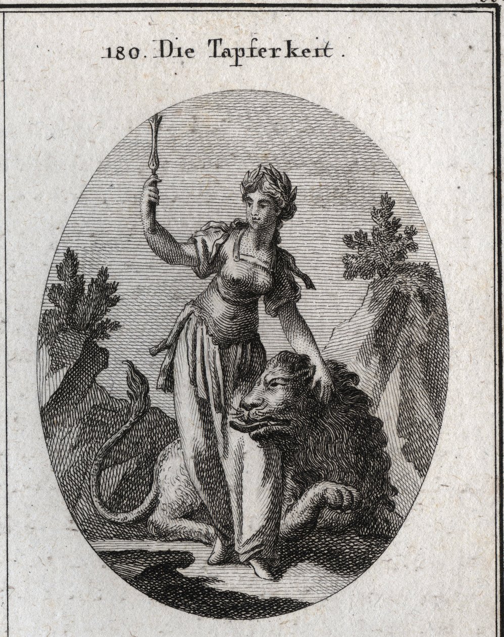 Alegoría del valor, coronada con laurel, acaricia a un león domesticado por ella. El alto cetro significa que su coraje la hace digna de mando. Grabado en “Iconologie oder Ideen aus dem Gebiete der Leidenschaften und Allegorien bildich dargestellt fur Zeic de Austrian School