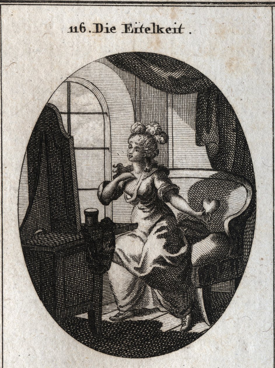 Alegoría de la vanidad. Deseando agradar y ser considerada, se representa frente a su tocador halagándose frente al espejo con un corazón en la mano. Grabado en "Iconologie oder Ideen aus dem Gebiete der Leidenschaften und Allegorien" de Austrian School