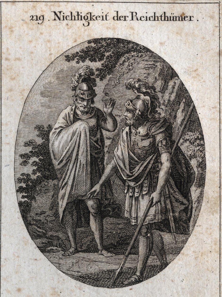Alegoría de la vanidad de las riquezas: el emperador Constantino el Grande traza en la tierra con su lanza un cuerpo humano y dice 