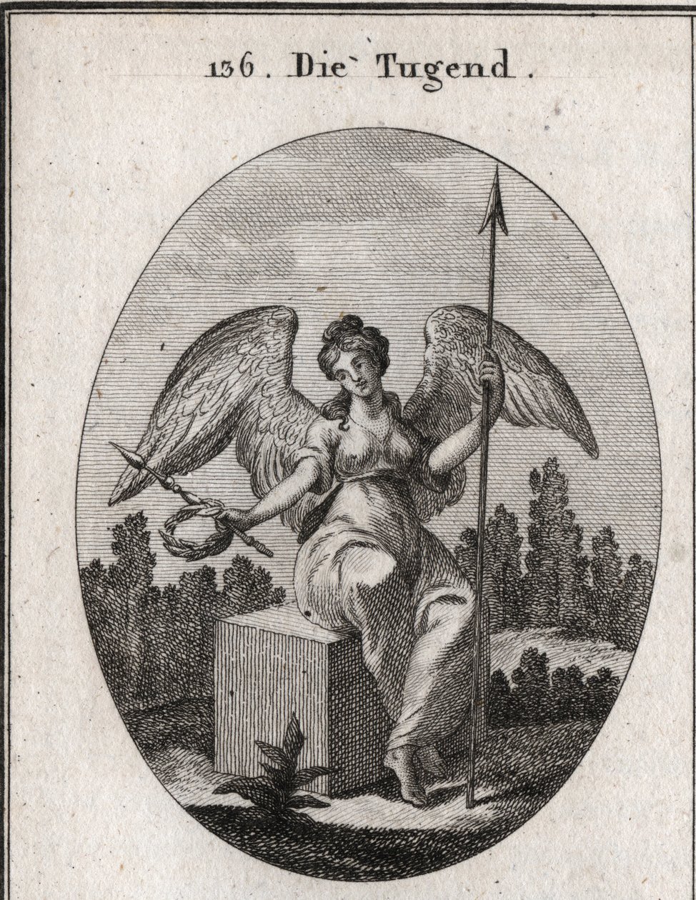 Alegoría de la virtud. El cubo de mármol sobre el que se sienta desea la solidez, y sus alas extendidas significan que se eleva por encima de lo vulgar. Grabado en “Iconologie oder Ideen aus dem Gebiete der Leidenschaften und Allegorien bildich dargestellt de Austrian School
