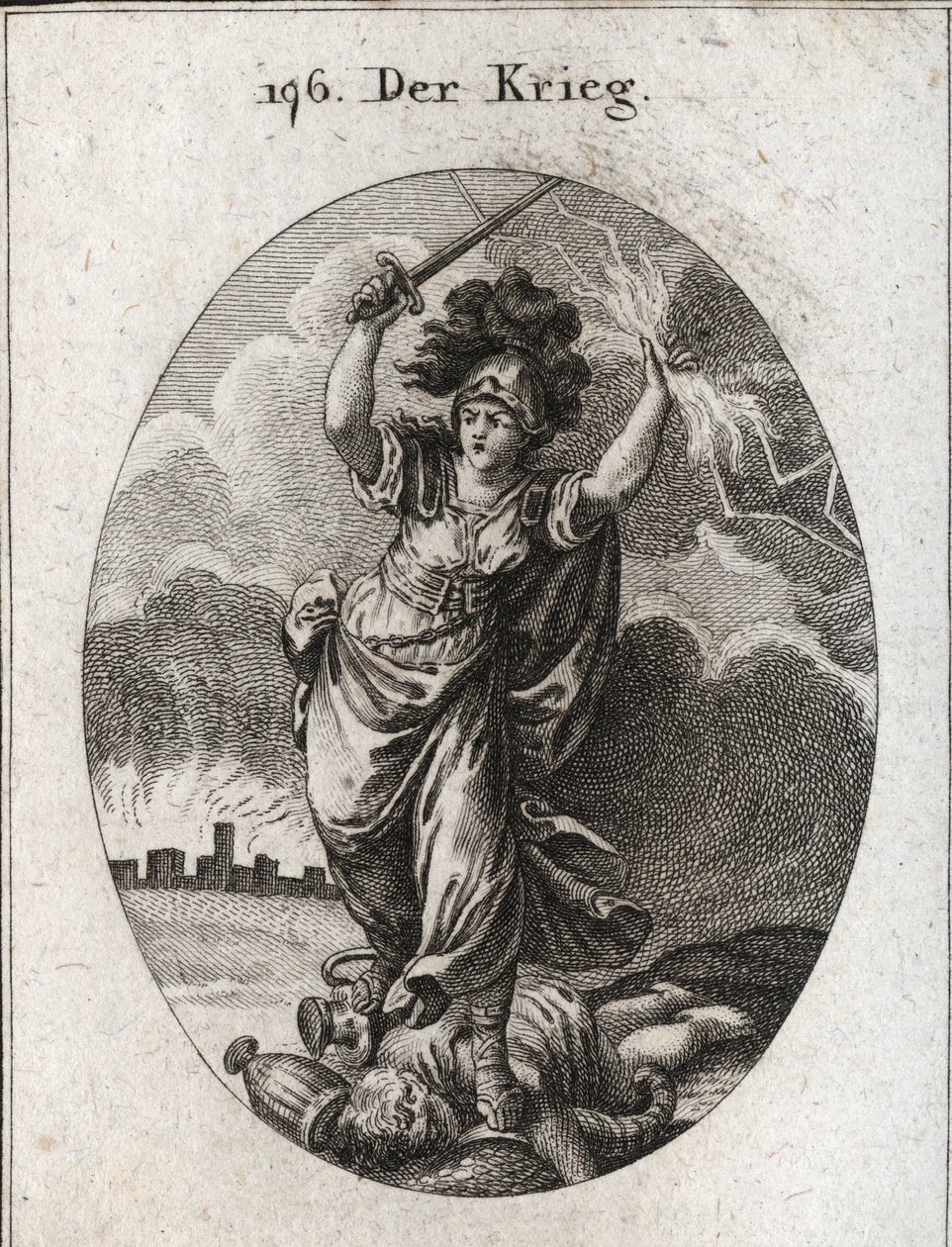 Alegoría de la guerra. Ella sostiene un rayo y una espada desnuda y rompe bajo sus pies jarrones de oro y plata y una estatua del dios Plutus que está simbolizada por un cuerno de la abundancia y una venda. Al fondo, las murallas de una ciudad en ruinas. G de Austrian School