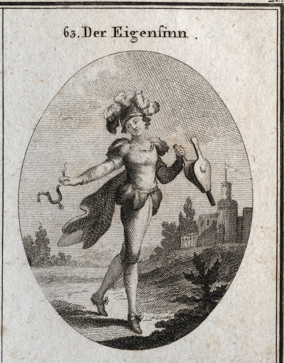 Alegoría del capricho. Su traje y plumas marcan la inconstancia de las fantasías del caprichoso. El fuelle y la espuela que sostiene muestran que alaba tanto la virtud como el vicio indiferentemente. Grabado en “Iconologie oder Ideen aus dem Gebiete der Le de Austrian School