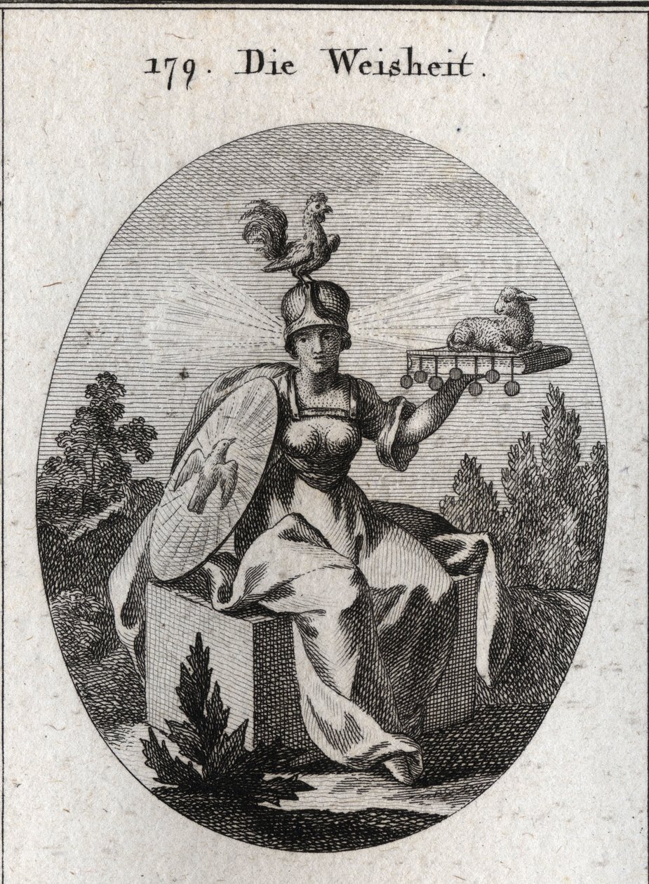 Alegoría de la sabiduría. Su vestimenta y sus armas blancas definen su fuerza y pureza. El gallo en su casco es el símbolo de su inteligencia y vigilancia. Los rayos de luz que salen de sus sienes significan dignidad y santidad. El firme libro de siete de Austrian School