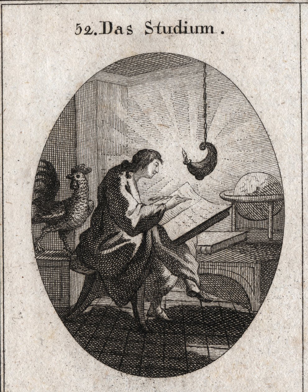 Alegoría de la escritura en un escritorio iluminado por la luz. El gallo es el atributo de la vigilancia. Grabado en "Iconologie oder Ideen aus dem Gebiete der Leidenschaften und Allegorien" de Austrian School