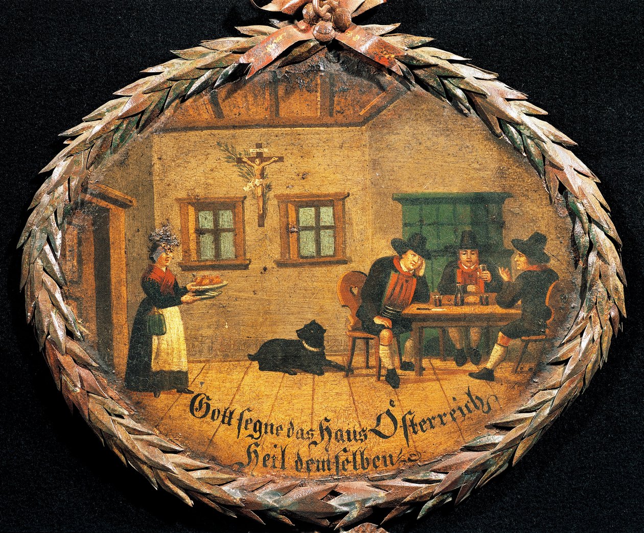 Clientes sentados en la mesa de una posada y camarera, letrero ovalado para posada, Austria de Austrian School