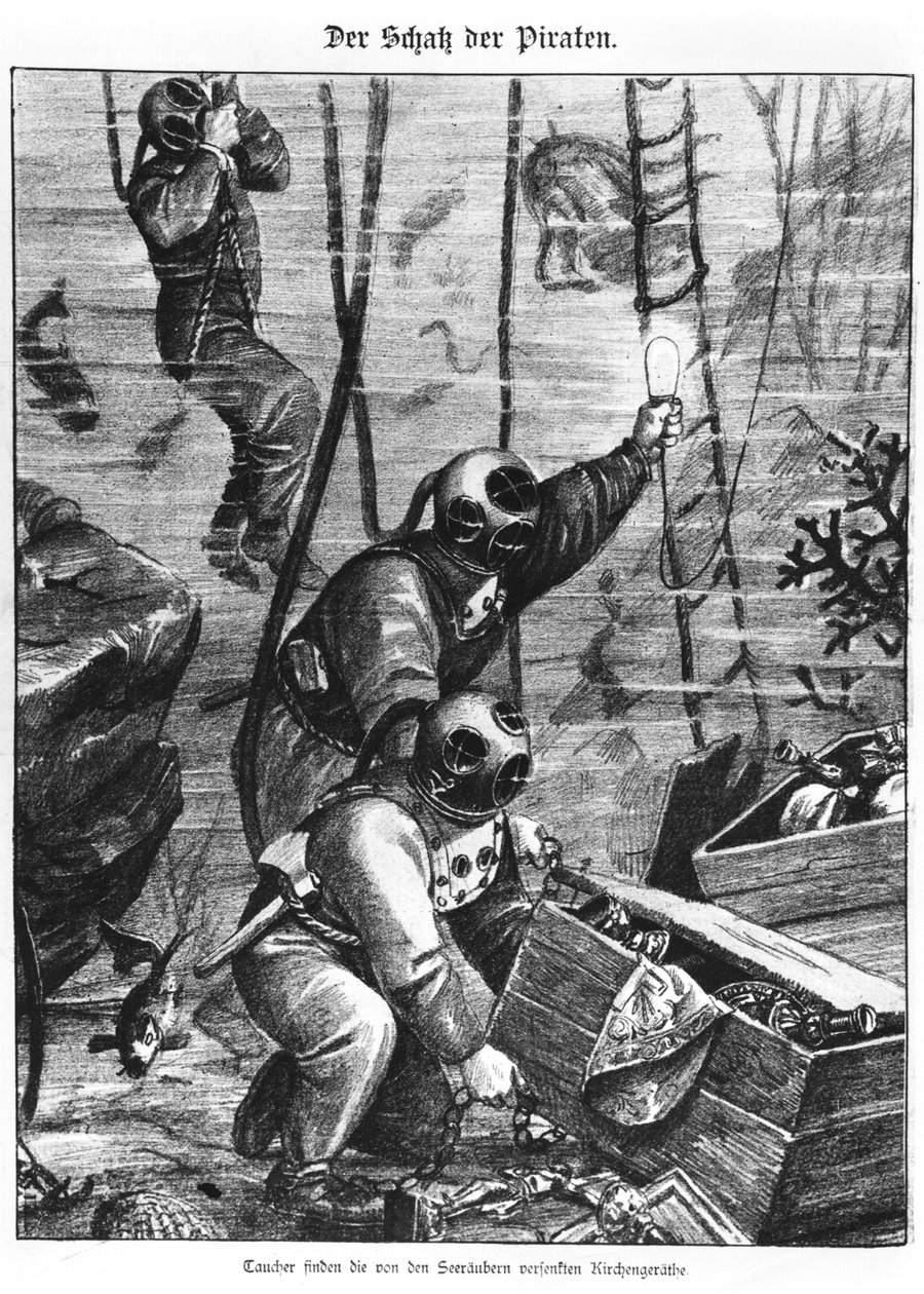 Buzos encontrando el tesoro de los piratas, 1897 de Austrian School