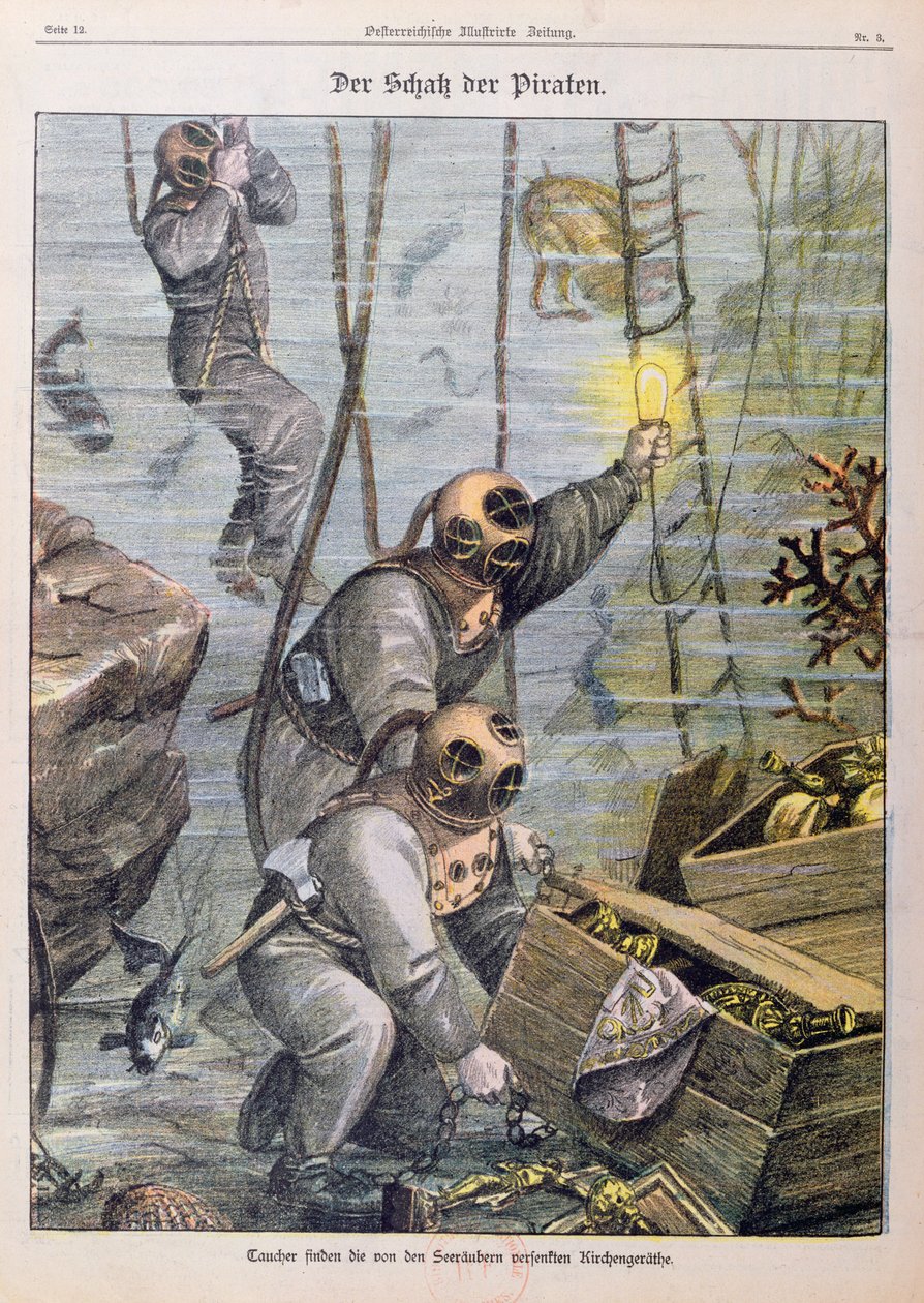 Buzos encontrando tesoro saqueado por piratas de iglesias, 1897 de Austrian School