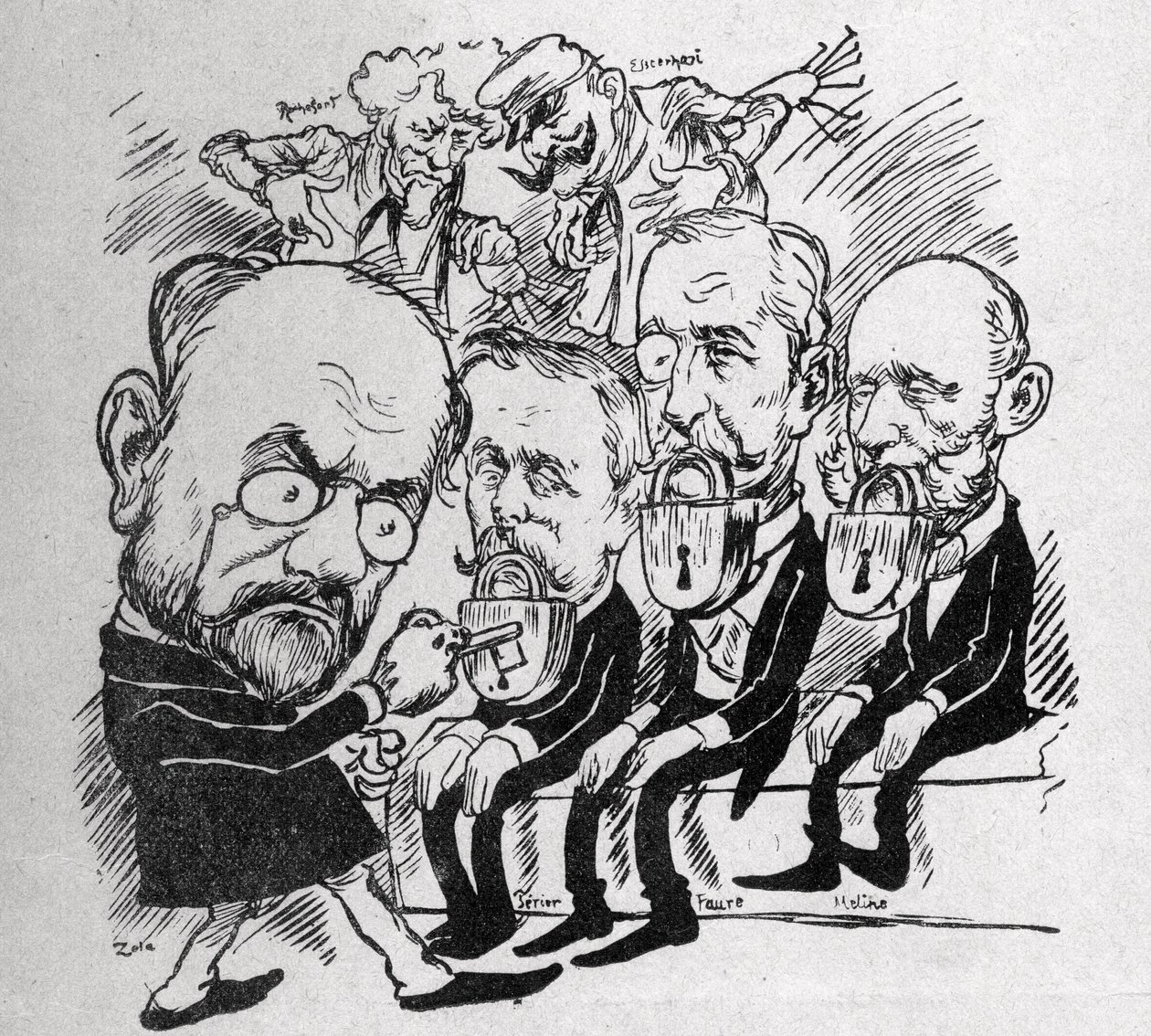 Emile Zola intenta desbloquear las cerraduras que cierran las bocas de los presidentes Jean Casimir-Perier (1847-1907) y Felix Faure (1841-1899) así como del presidente del Consejo Jules Meline (1838-1925), mientras que en el fondo, Henri Rochefort (1831-1 de Austrian School