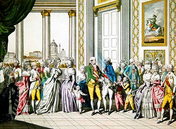 El emperador Leopoldo II y su familia dando la bienvenida a Fernando I, rey de Nápoles y Sicilia, y su familia en Viena de Austrian School