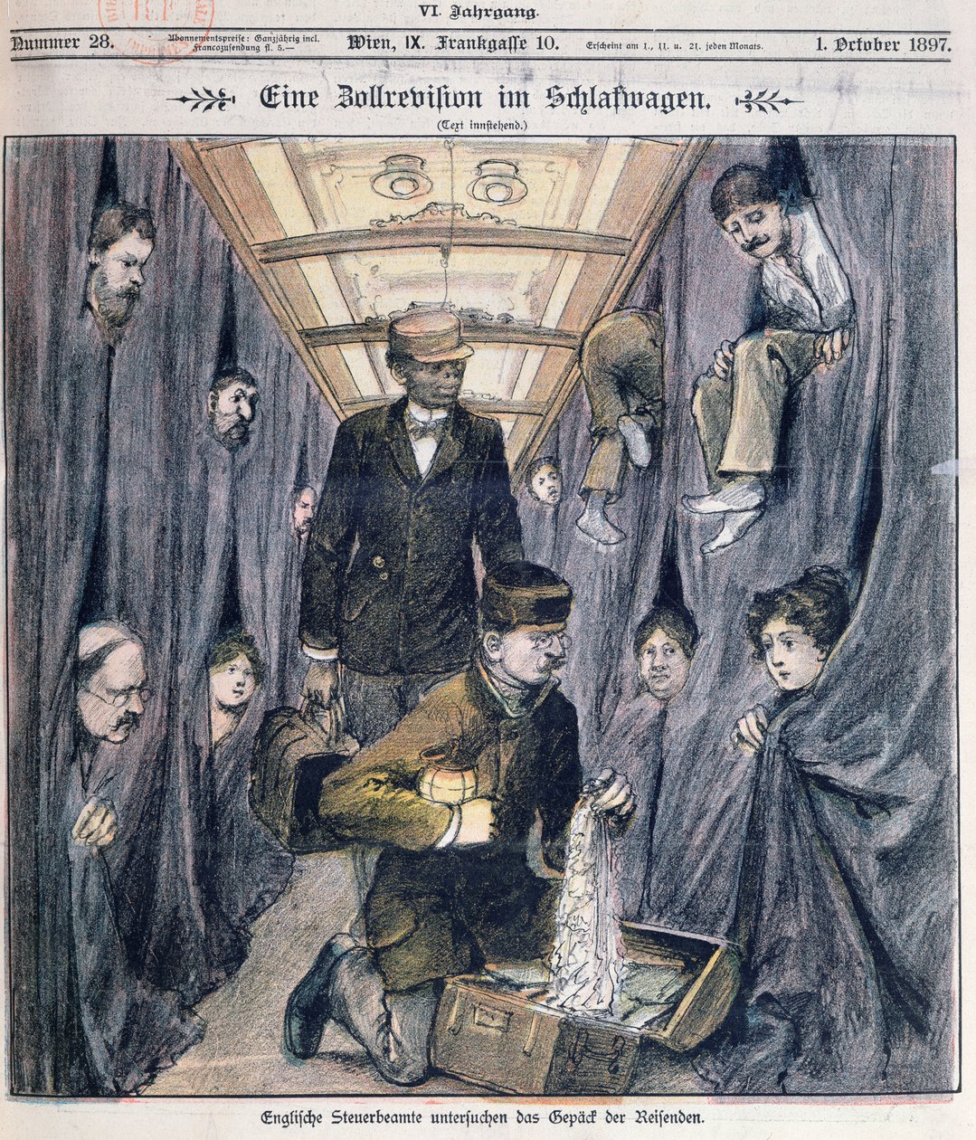 Funcionarios de aduanas ingleses examinando equipaje en un coche cama de Austrian School