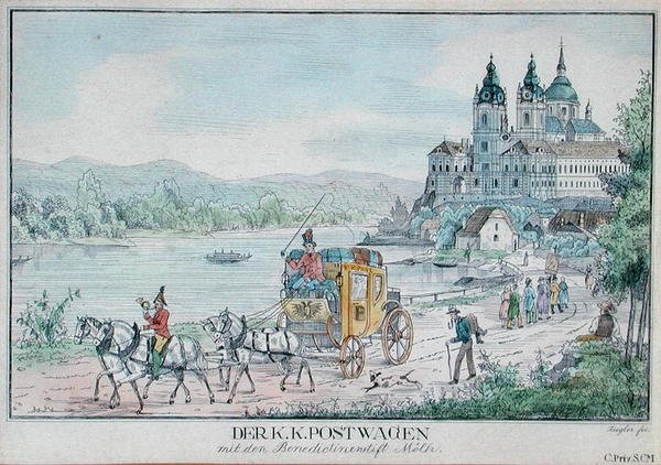 Carro del Servicio Postal Imperial Austriaco frente a la Abadía de Melk junto al río Danubio, principios del siglo XIX de Austrian School