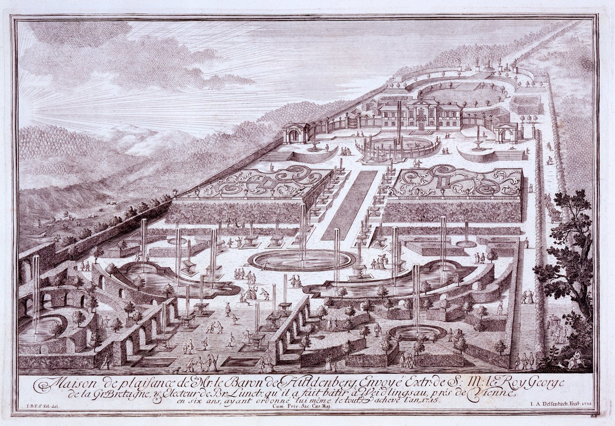 Magníficos jardines y palacio del Barón de Huldenburg, construido por él en Widlingsau, 1719 de Austrian School