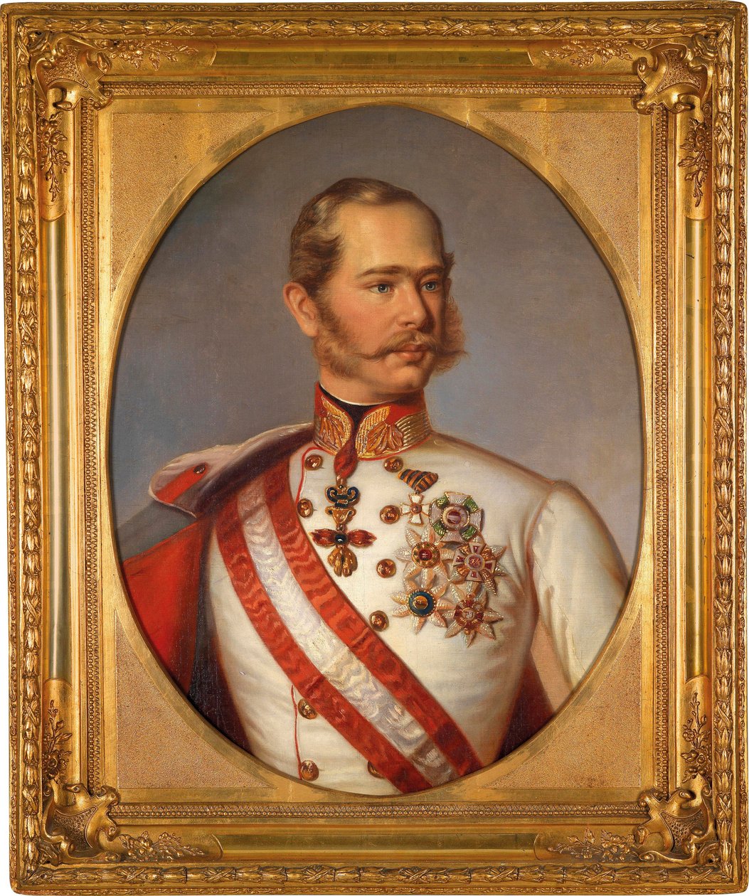 Retrato de Francois Joseph I de Austria (1830-1916). Tiene la condecoración de la Orden del Toisón de Oro. Pintura anónima, óleo sobre lienzo, hacia 1855. Arte austriaco de Austrian School