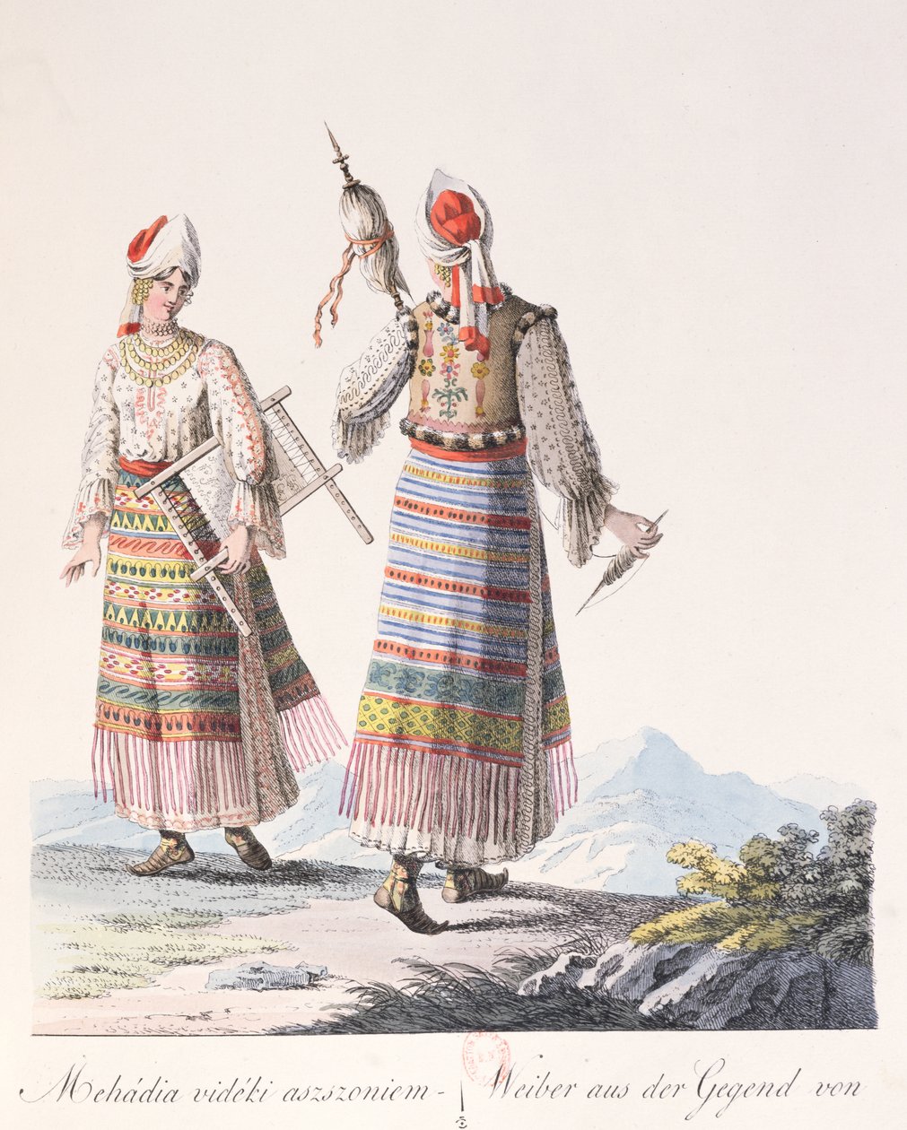 Mujeres con traje tradicional de la región de Mehadia, ilustración de un libro Costumes de Hongrie por J.H. de Bikkesy, 1810 de Austrian School