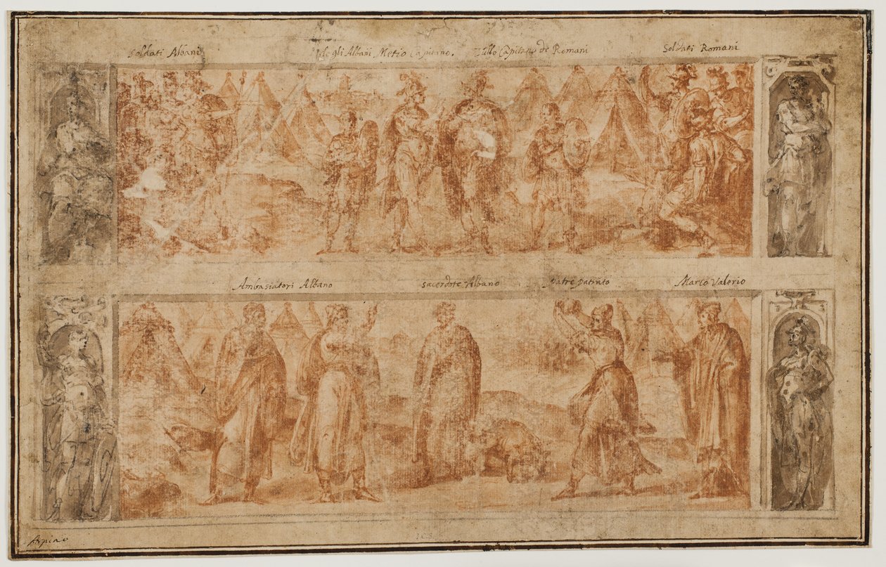 Dos frisos, uno encima del otro, con escenas de la historia temprana de Roma de Avanzino Nucci