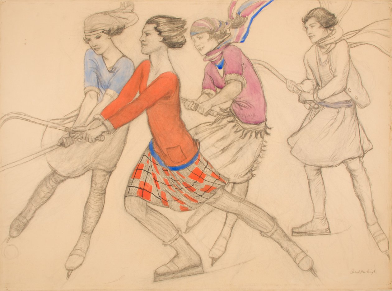 Hockey sobre hielo (lápiz con acuarela y tinta sobre papel) de Averil Mary Burleigh