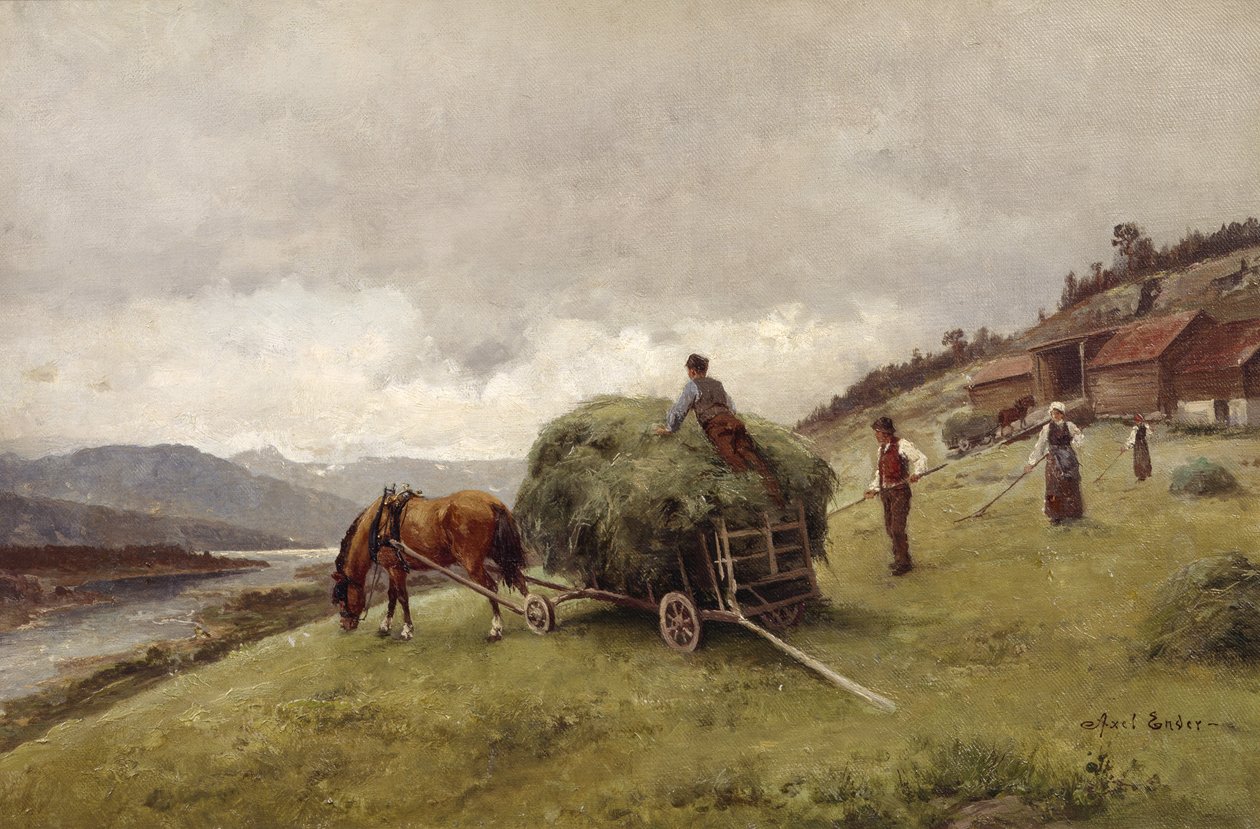 Conduciendo heno (óleo sobre lienzo) de Axel Hjalmar Ender