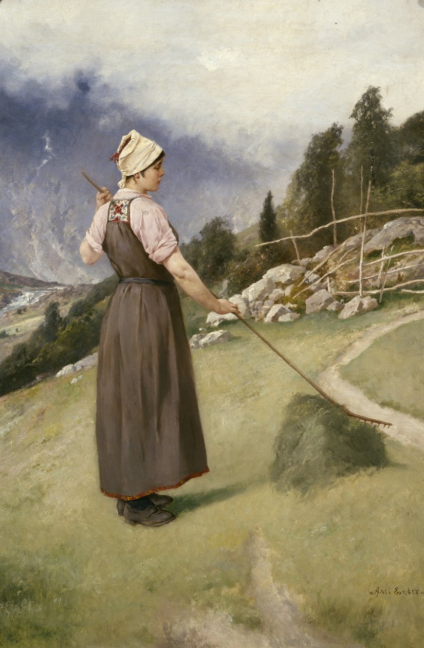 Niña rastrillando heno (óleo sobre lienzo) de Axel Hjalmar Ender