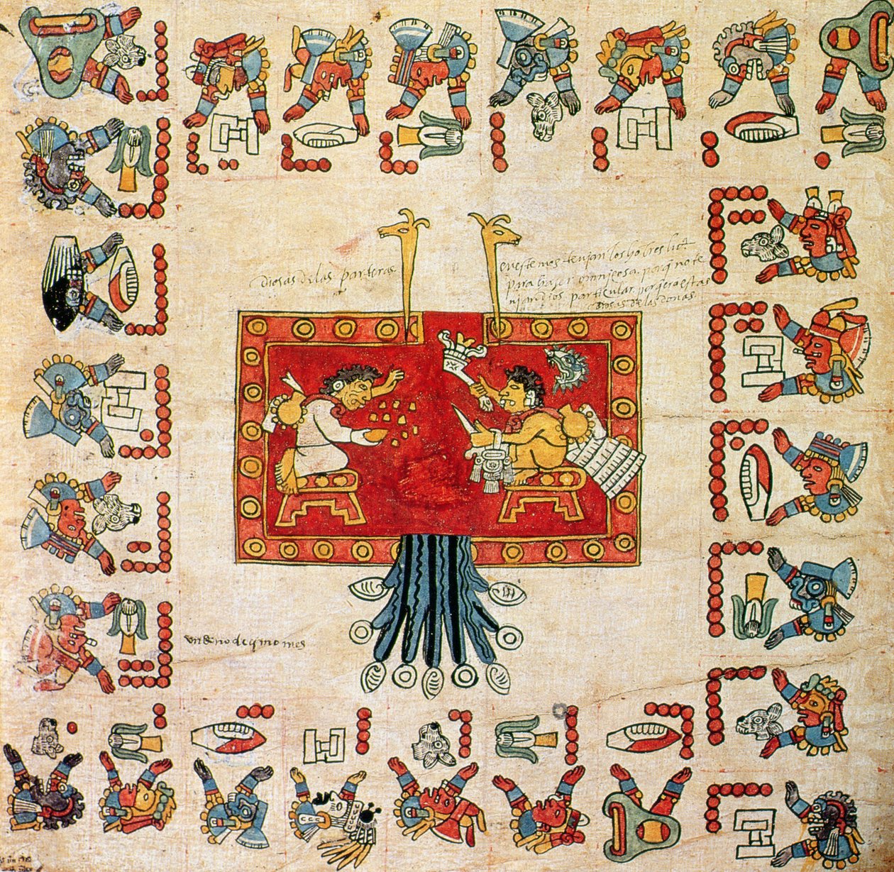 Copia facsímil del códice Borbónico, detalle que representa la elaboración del calendario de Oxomoco y Cipactonal de Aztec