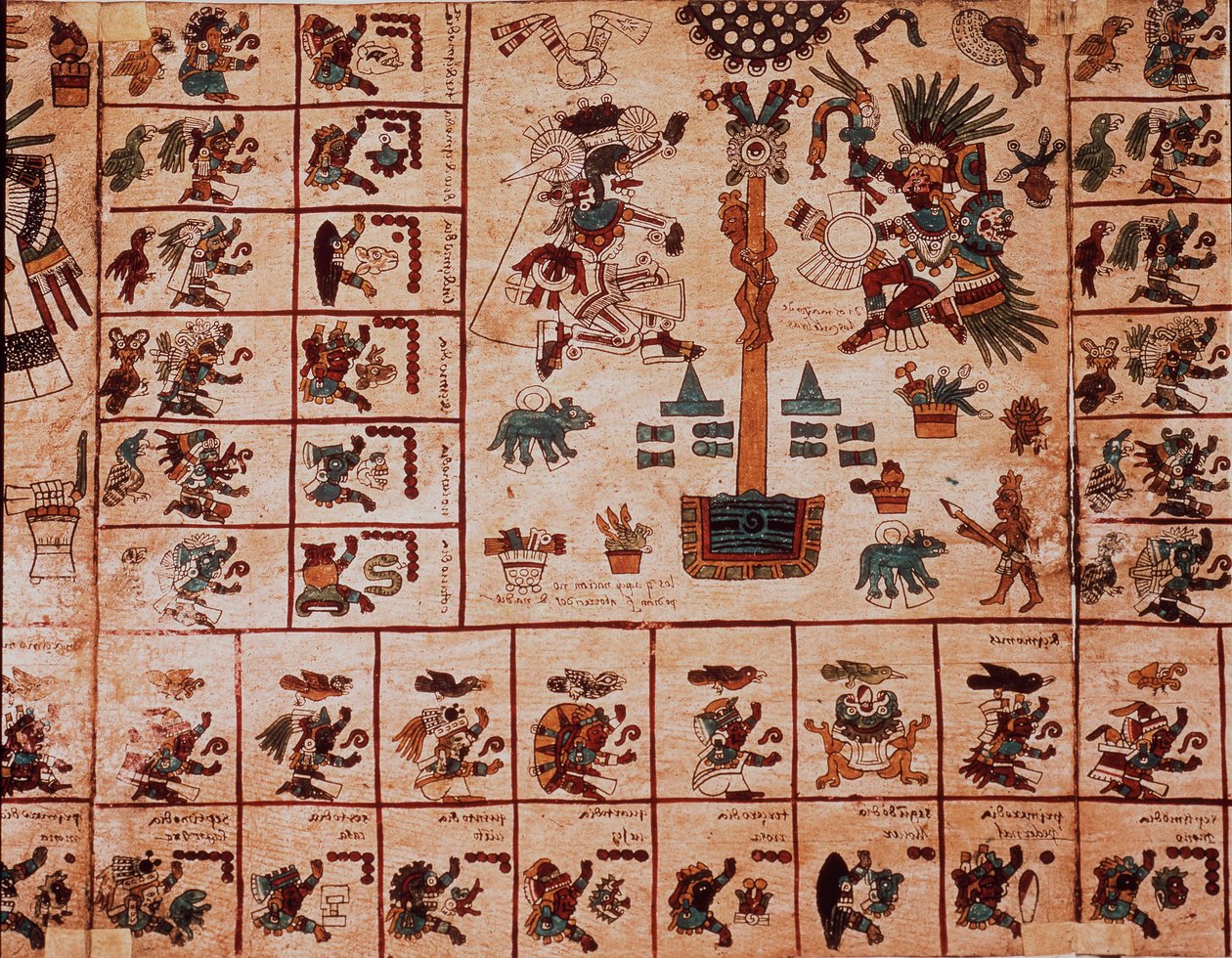 Representación de deidades aztecas y cajas correspondientes al calendario. Página del manuscrito azteca en corteza Codex Borbonicus, códice indígena precolombino del centro de México, finales del siglo XV. Biblioteca de la Asamblea Nacional (Palais Bourbon de Aztec