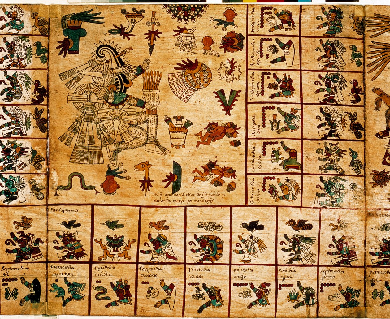 Representación de deidades aztecas y cajas correspondientes al calendario. Página del manuscrito azteca en corteza 
