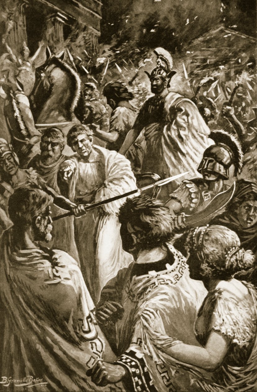 El saqueo de Olinto, 348 a.C., ilustración de la "Historia de las Naciones de Hutchinson". de B. Granville (after) Baker