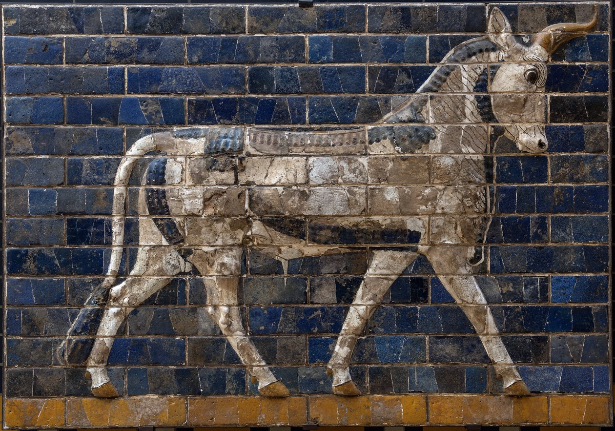 Toro sagrado - relieves de ladrillo esmaltado de la Puerta de Ishtar - Babilonia - 604-562 a.C. - período de Nabucodonosor Museo Arqueológico de Estambul - Un toro, detalle de azulejos vidriados que representan animales mitológicos que adornaban el Camino  de Babylonian