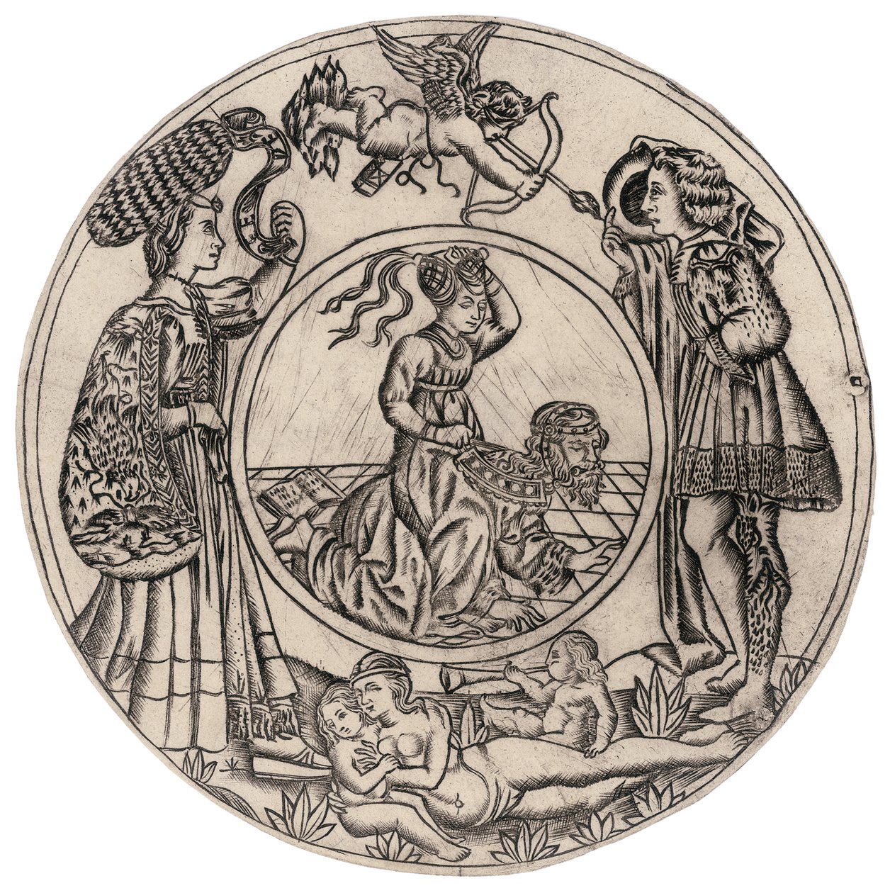 Aristóteles y Filis, rodeados por un joven y una mujer con Eros, y una mujer desnuda reclinada con dos niños, segunda mitad del siglo XV de Baccio Baldini