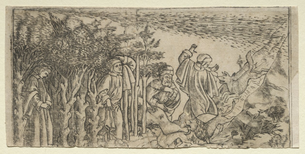 Dante perdido en el bosque: escapando y encontrando a Virgilio, Canto I de Baccio Baldini