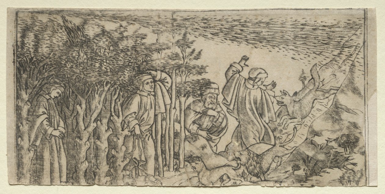 Dante perdido en el bosque: escapando y encontrando a Virgilio, Canto I, 1481 de Baccio Baldini
