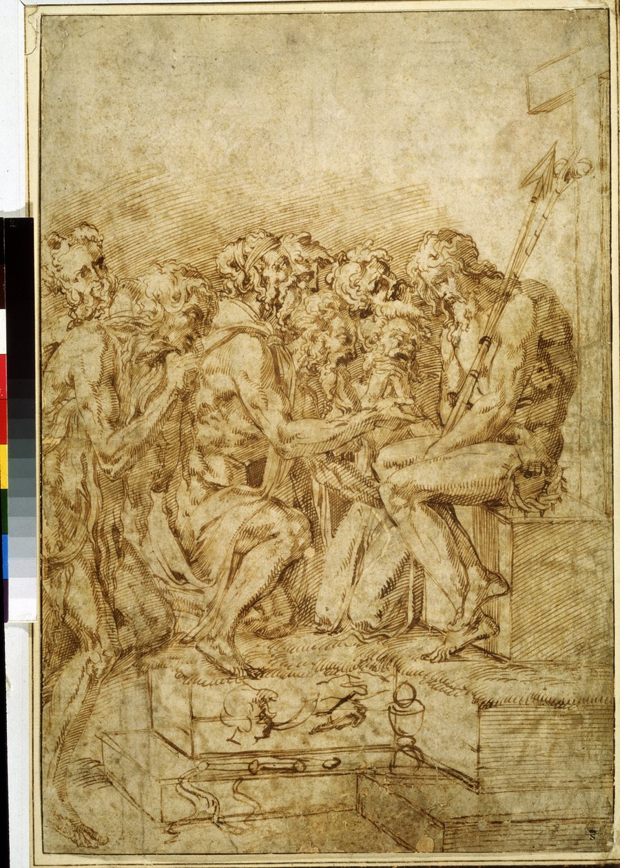 ""Cristo Con Los Símbolos De La Pasión Rodeado De Siete Figuras"" (Cristo Con Los Símbolos De La Pasión Asistido Por Siete Figuras) Dibujo En Tinta Marrón Por Baccio Bandinelli (1493-1560) Siglo XVI Museo Pushkin De Moscú de Baccio Bandinelli