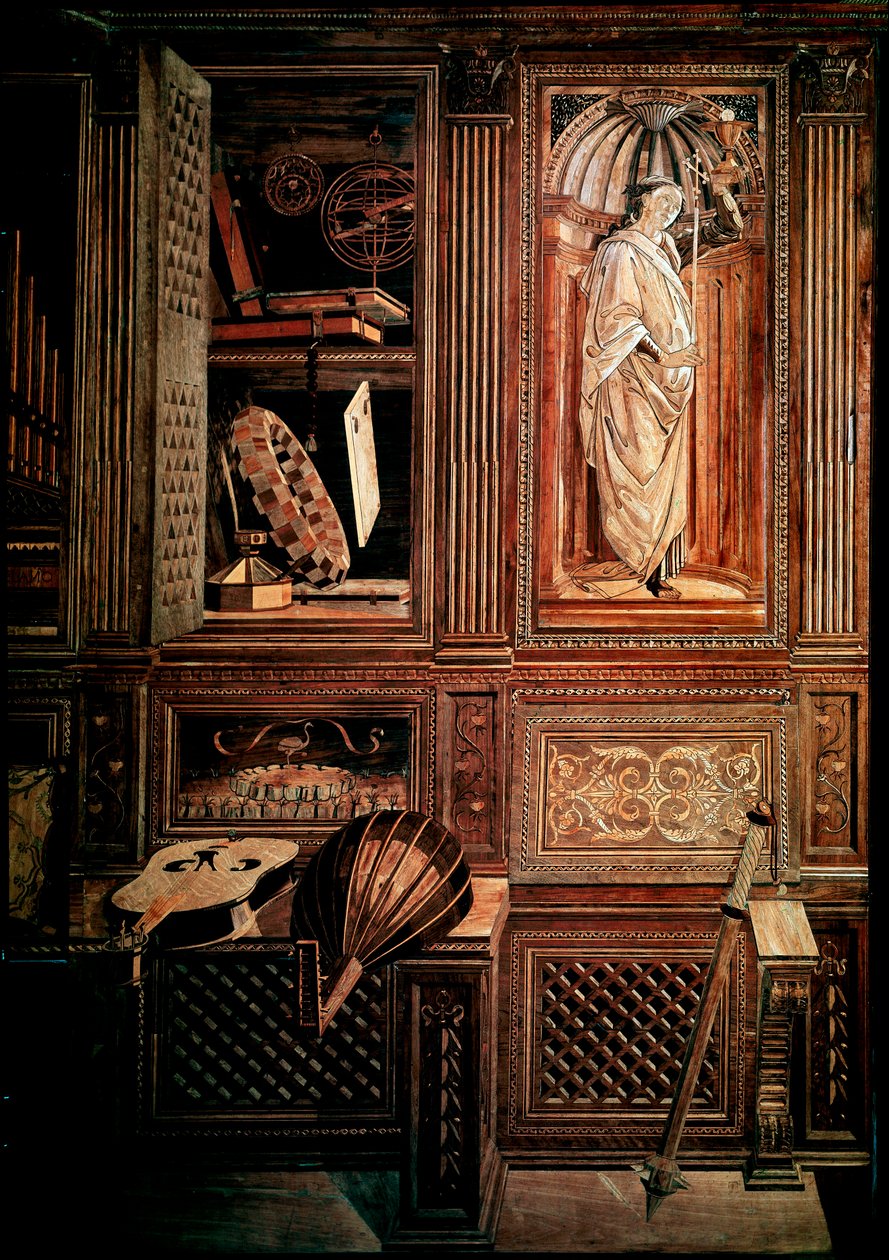 Studiolo del Duque Federico III de Montefeltro, Duque de Urbino (Urbino), en italiano Federico III da Montefeltro (1422-1482). Detalle con representación de un mazzocchio. Mosaico de madera, molduras ejecutadas por Baccio Pontelli (1450-92) después de dibu de Baccio Pontelli