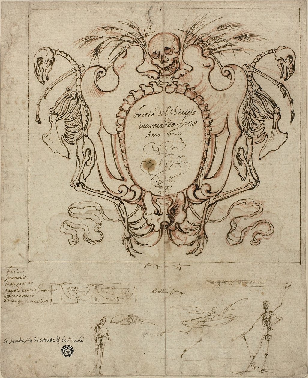 Cartucho funerario con inscripción y bocetos de esqueletos y detalles ornamentales de Baccio del Bianco