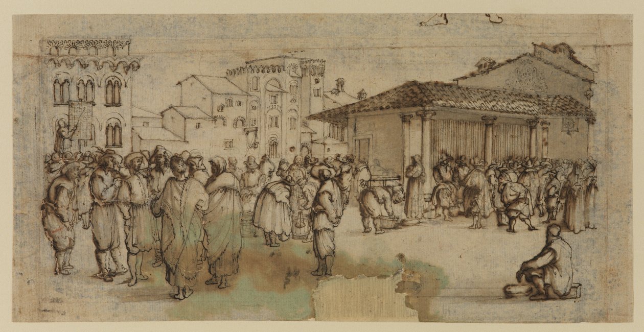 Plaza del mercado de Florencia, con figuras (tiza, pluma y tinta, y aguada sobre papel) de Baccio del Bianco