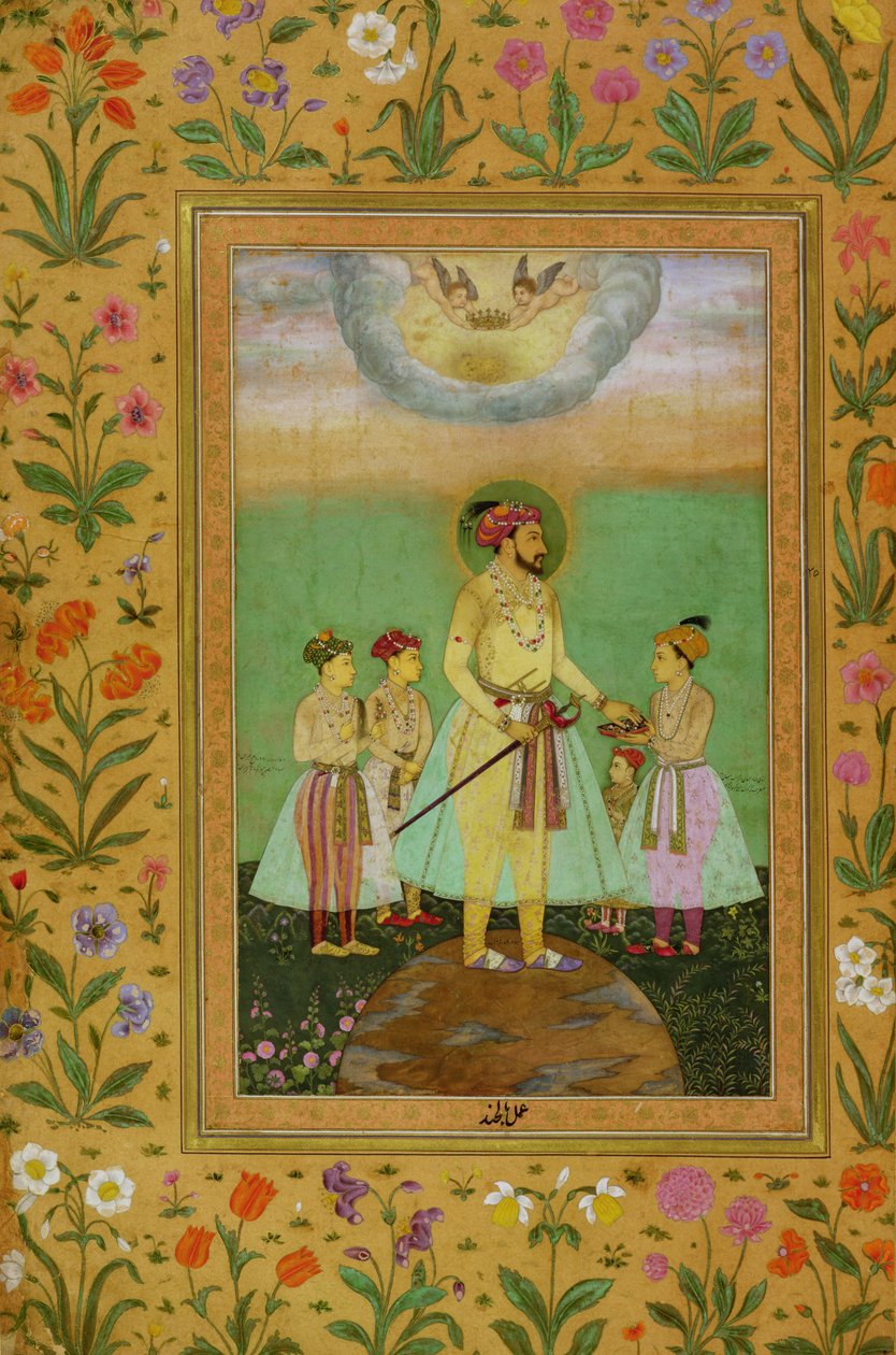 Shah Jahan (1592-1666) de pie sobre un gran globo rodeado por sus cuatro hijos, del Álbum Minto de Balchand