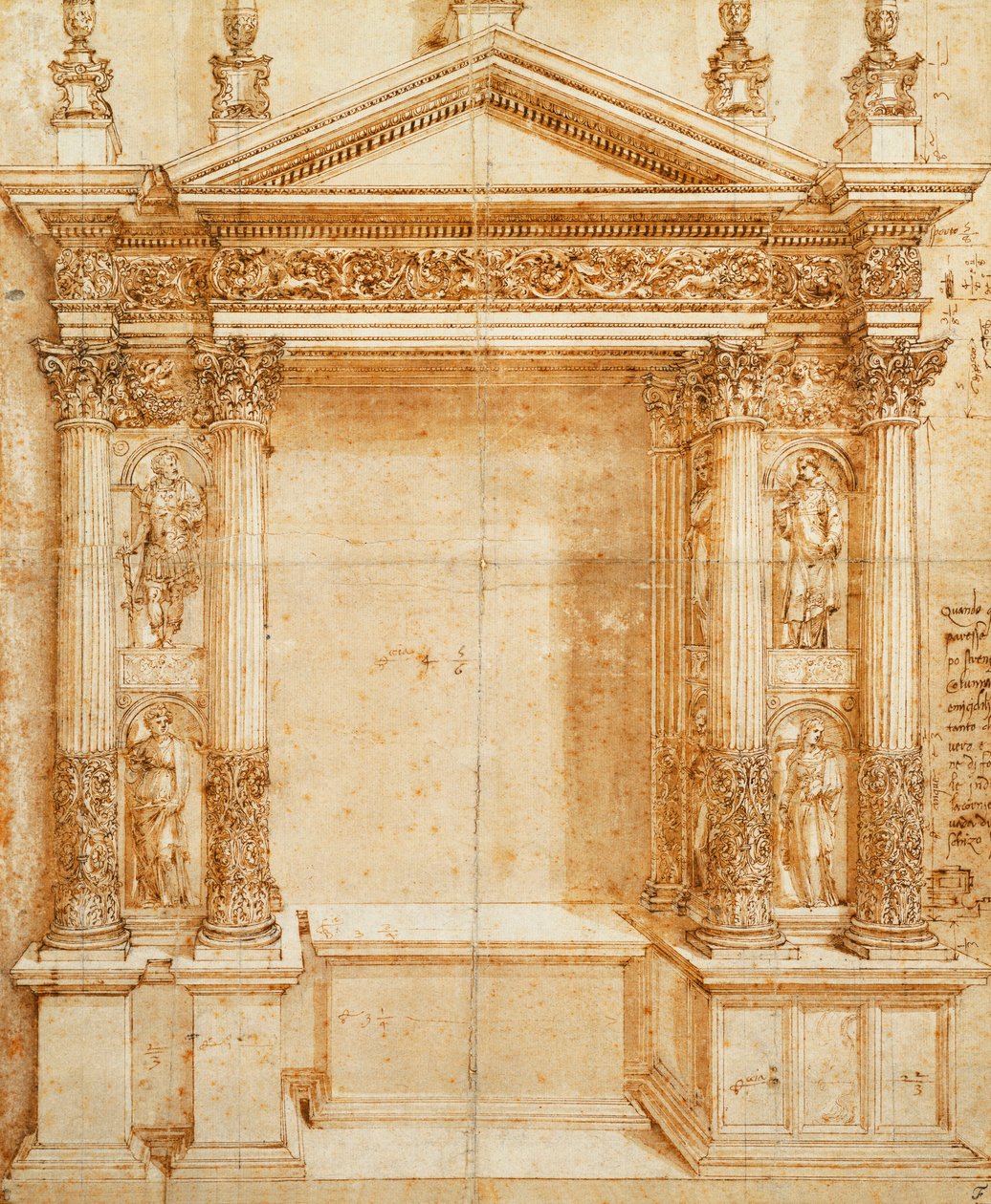 Diseño para un Altar con un Tabernáculo con Frontón Soportado por Estatuas Corintias Emparejadas de Santa Lucía, Santa Inés, San Ansano y San Esteban en Nichos Entre Ellos de Baldassarre Peruzzi