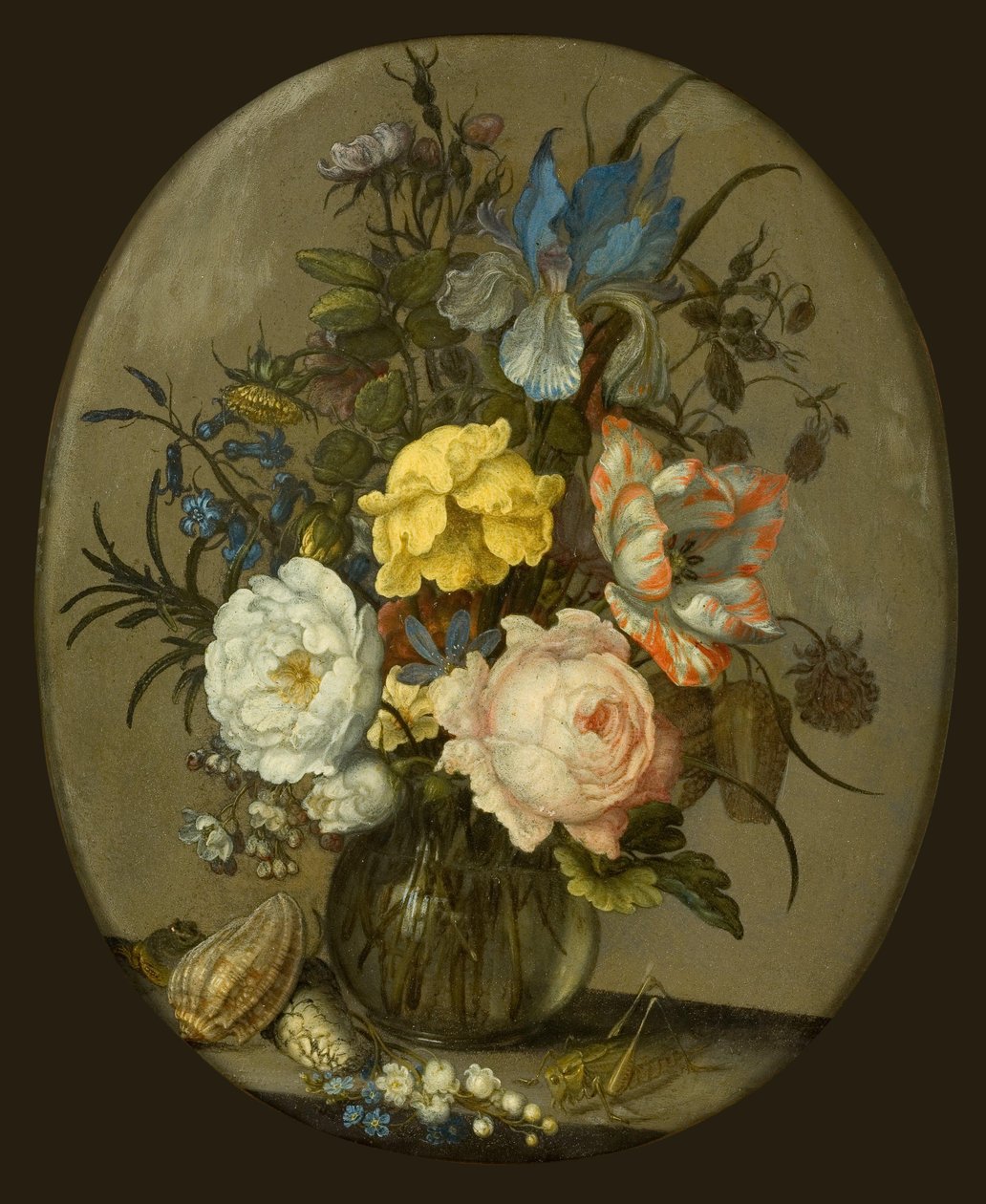 Flores en un jarrón de vidrio con conchas y un insecto de Balthasar van der Ast