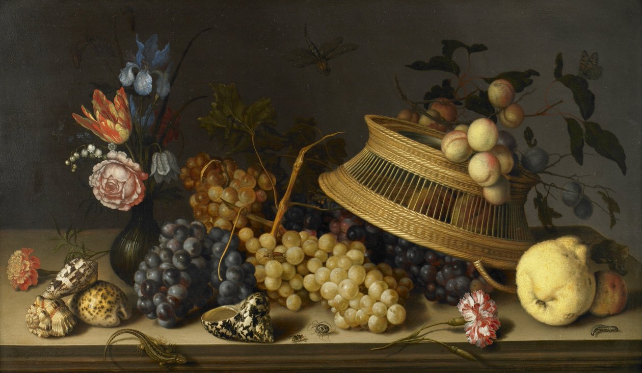 Naturaleza muerta de flores, frutas, conchas e insectos de Balthasar van der Ast