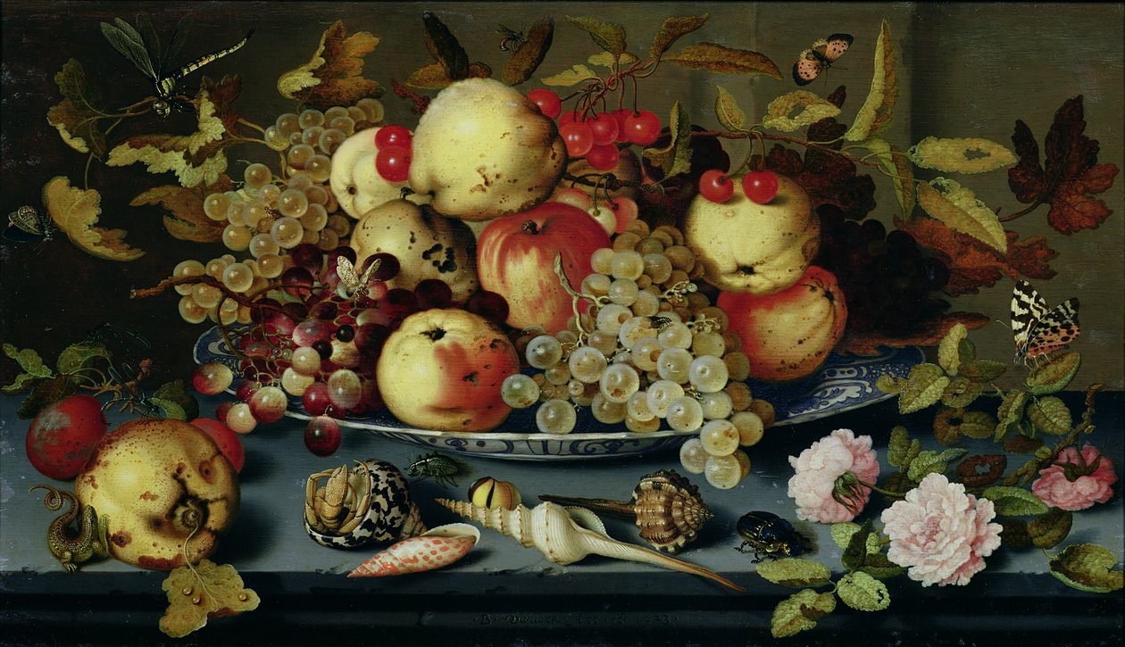 Naturaleza muerta con frutas, flores y mariscos de Balthasar van der Ast
