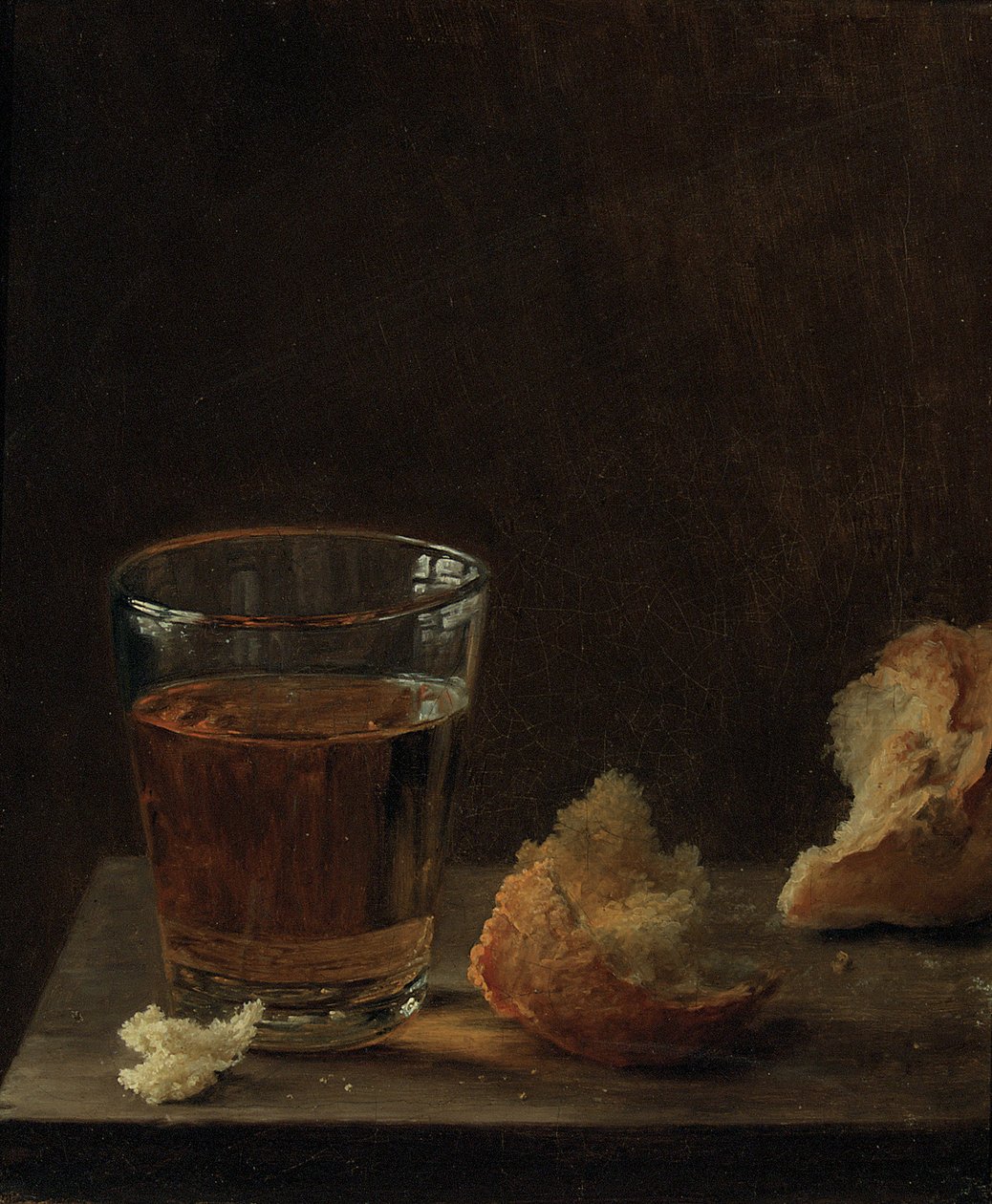 Un vaso de cerveza y un panecillo en una mesa de Balthasar Denner