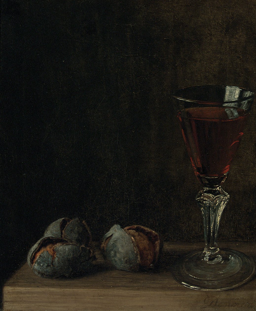 Un vaso de vino con nueces en una mesa de Balthasar Denner